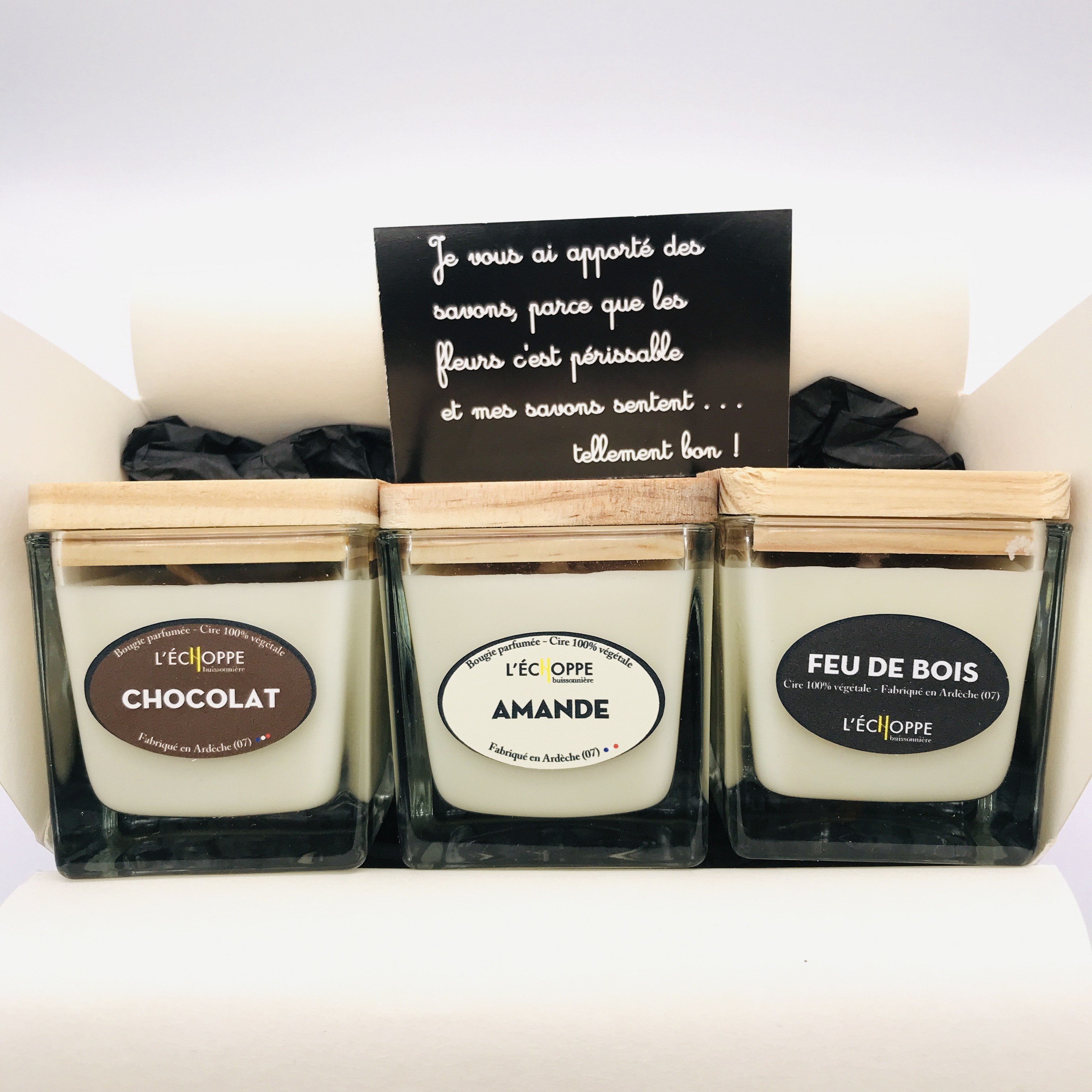 Trio de Bougies Chocolat-Amande-Feu de bois